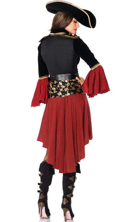 Women's pirate costume Halloween costume with pirate dress, corset details, and accessories