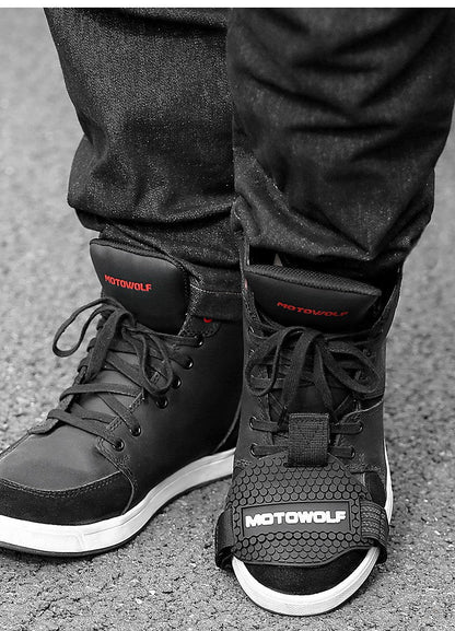 Motorcycle shoes protective gear by My Store, close-up view of durable riding footwear for bikers