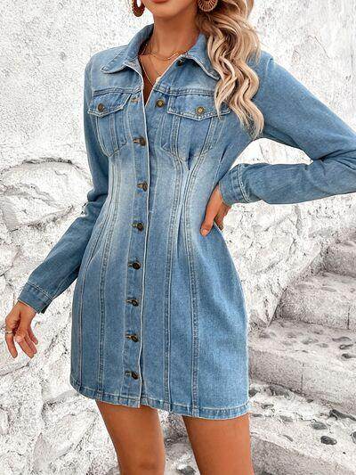 Long sleeve denim dress for women with front pockets and button-up design, trendy casual style by Trendsi.