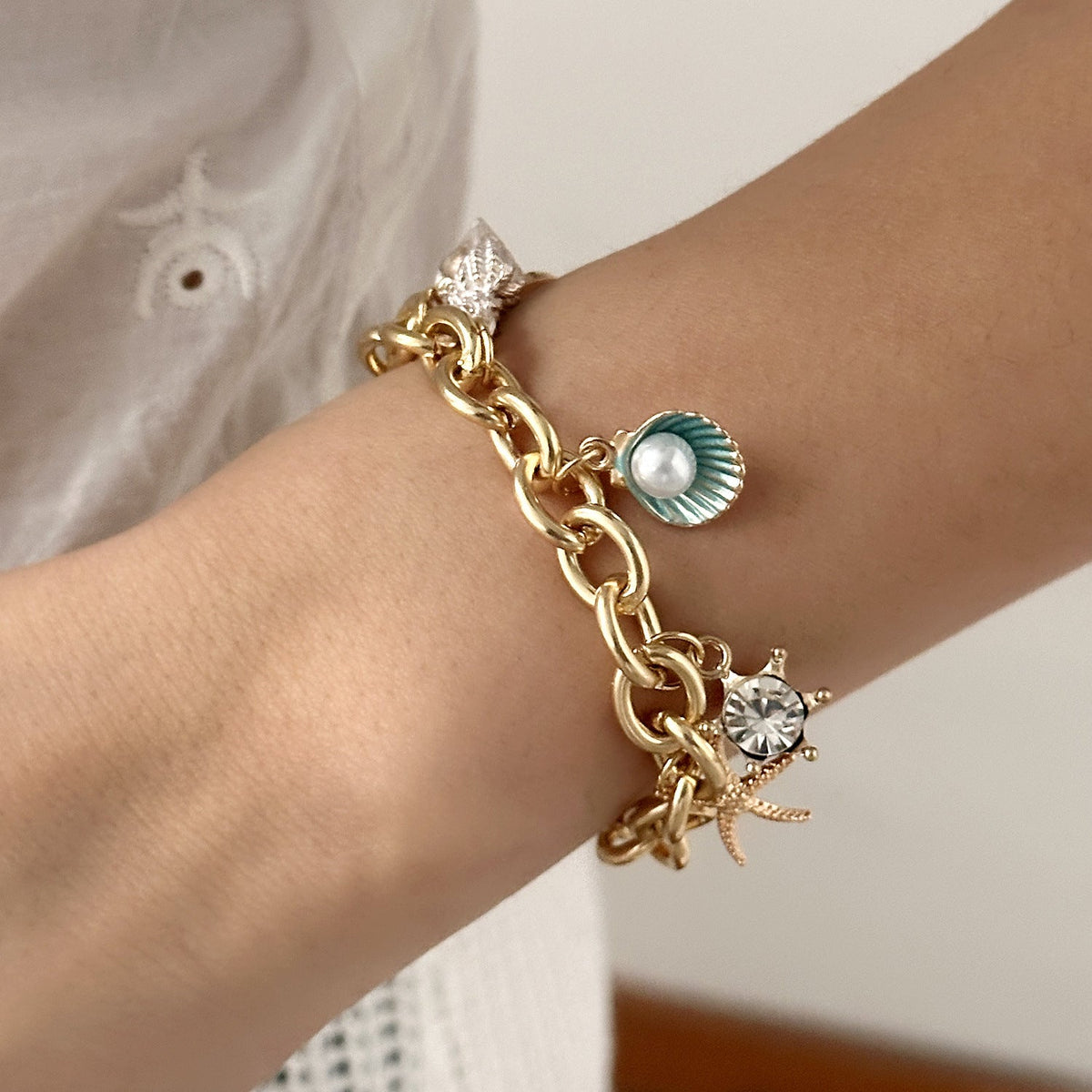 Women's starfish pearl shell fishtail multi-pendant necklace bracelet jewelry set