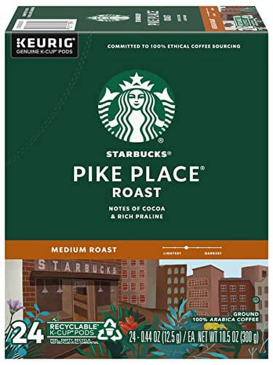 Starbucks Pike Place Roast Coffee K-Cup packs for Keurig brewers, 72-count (3 boxes of 24 K-Cups) with coffee capsules.