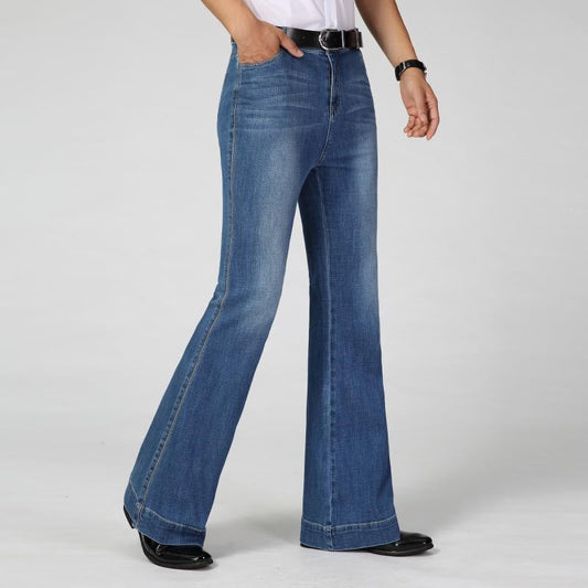 Men's denim mid-rise flared pants in a fashionable blue wash with classic five-pocket styling