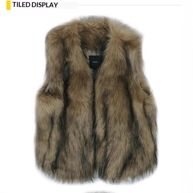 Fashionable new long fox-fur vest in a luxurious neutral tone, front view