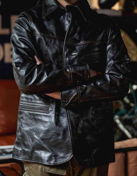Men's mid-length heavy-duty leather jacket in a classic design, shown from the front