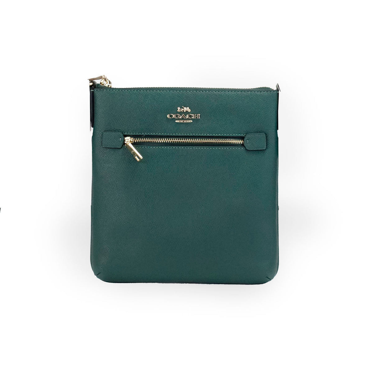 Dark pine leather Coach Rowan Mini crossbody bag with a compact design, featuring a sleek and stylish look.