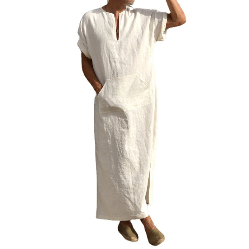 Men's short sleeve long-cut bottoming robe coat in a simple, relaxed style