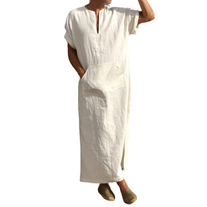 Men's short sleeve long-cut bottoming robe coat in a simple, relaxed style