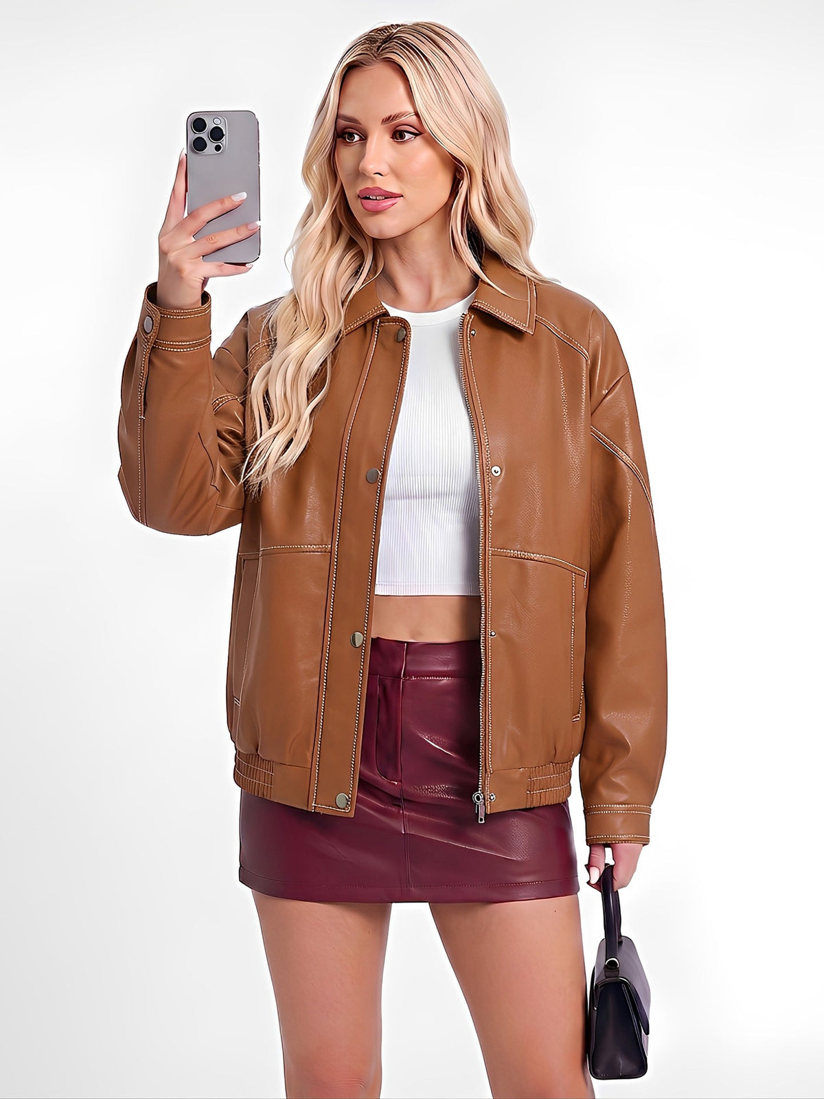 Women's imitation leather oversize motorcycle jacket with zipper front and relaxed fit