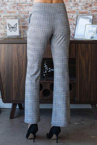 Heimish full size plaid flare pants with wide waistband, stylish plus size pants featuring a classic plaid pattern and wide-leg silhouette.