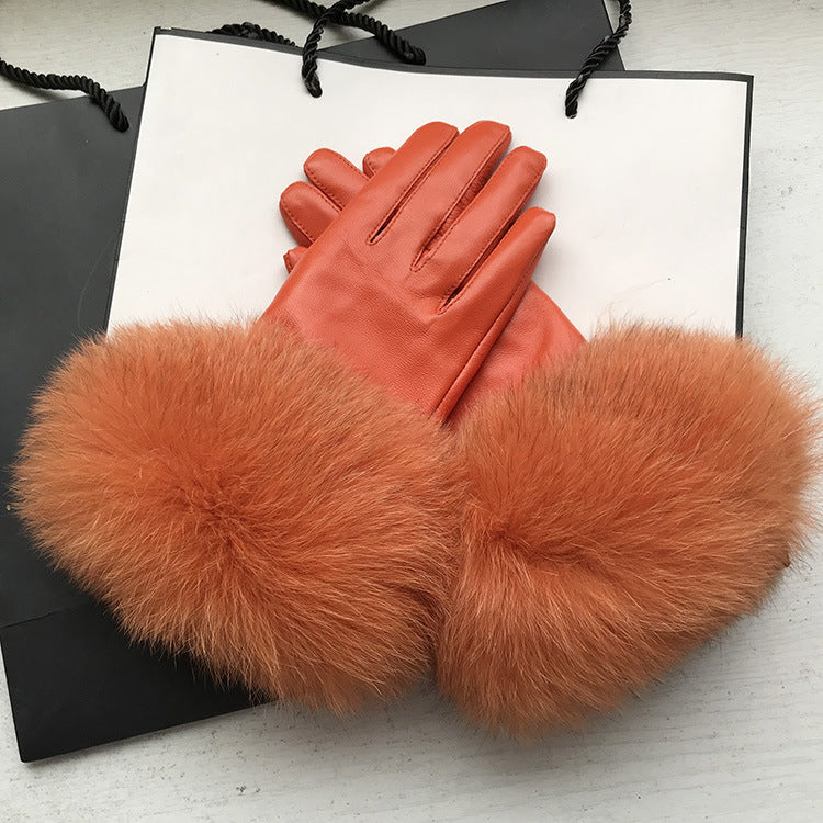 Women's winter warm gloves with soft fox-fur cuffs, black leather finish