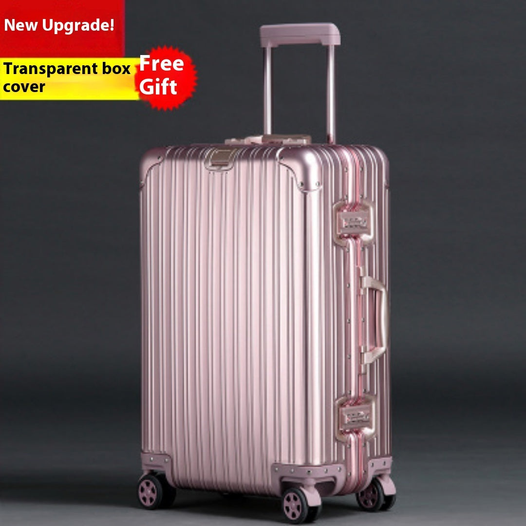 Men's and women's metal travel luggage with durable hard-shell design and telescoping handle
