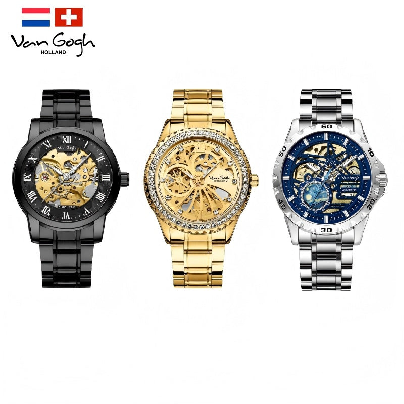 VAN GOGH mechanical movement men's watch with visible intricate gears and classic round dial