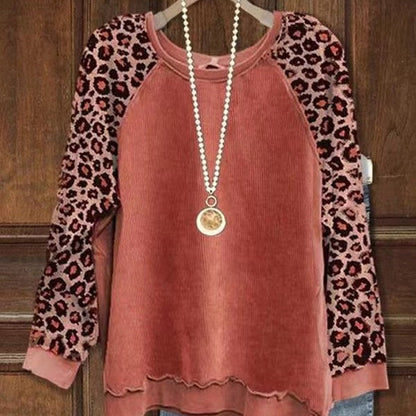 Women's leopard-print patchwork color-block long-sleeve top by My Store
