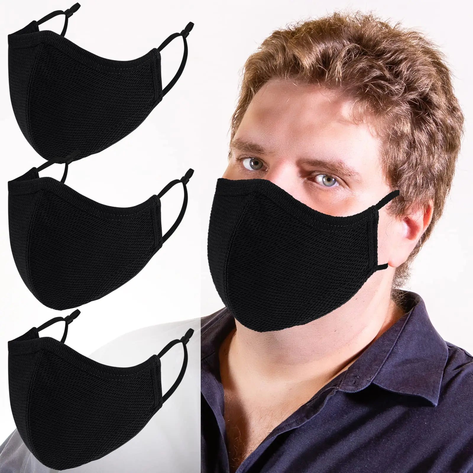 Extra Large Face Masks Breathable 3-Ply Cloth Face Mask Adjustable Ear Loops for Big Face Reusable Washable Black Cotton Masks for Adult Men (XL-Black-for Big/Beard Face Adults/Men)