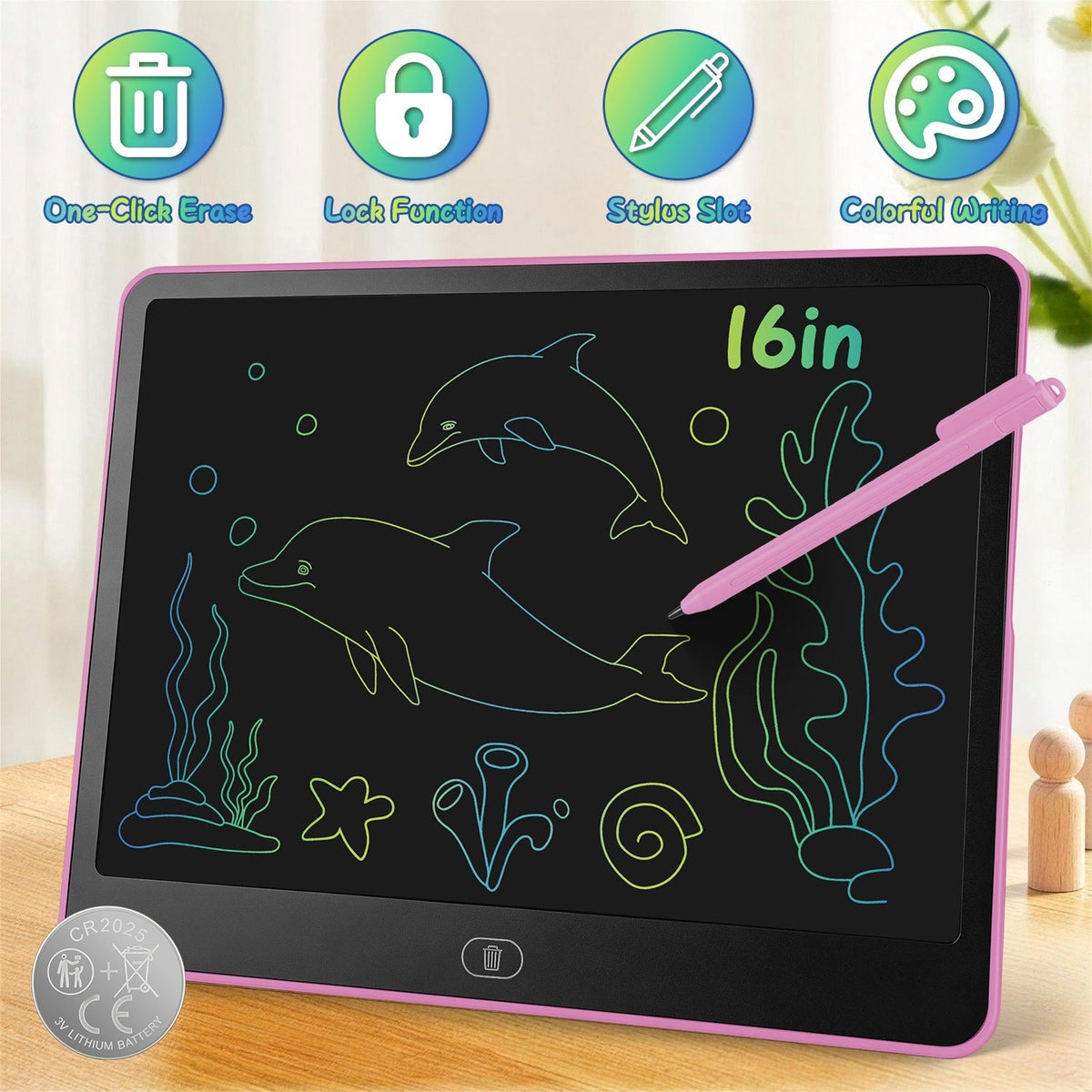 GBruno Store LCD writing tablet for kids with stylus and lock function, showing a colorful digital drawing on the screen.