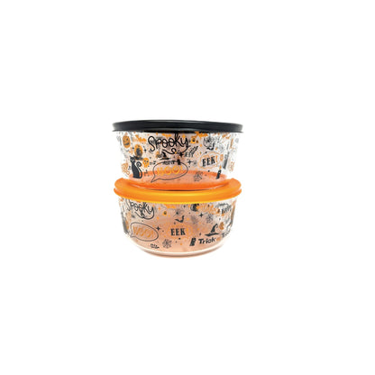 Dura Living Halloween 4-piece glass storage container set with round 32oz glass cups and lids, ideal for food storage.