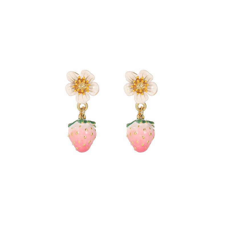 Enamel strawberry silver needle earrings for women, red fruit charms on delicate silver hooks
