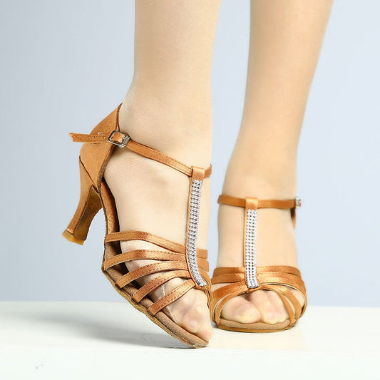 Women's satin Latin dance shoes with 7cm high heels and ankle straps