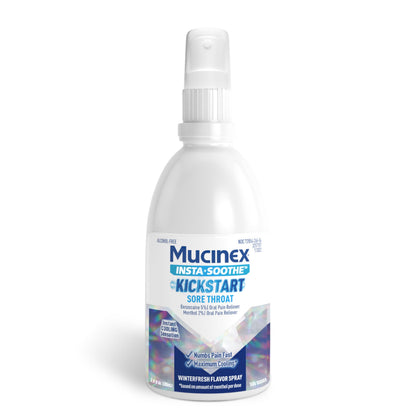 BACKUPMYFILESNOW® Mucinex InstaSoothe Throat Relief Numbing Spray bottle with nozzle for sore throat relief.