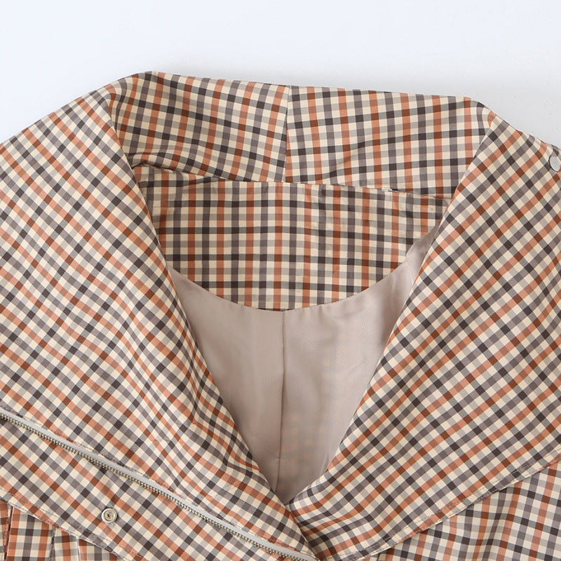 Women's autumn plaid trench coat with turn-down collar and drawstring waist