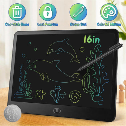GBruno Store LCD writing tablet for kids with stylus and lock function, showing a colorful educational drawing on the screen.