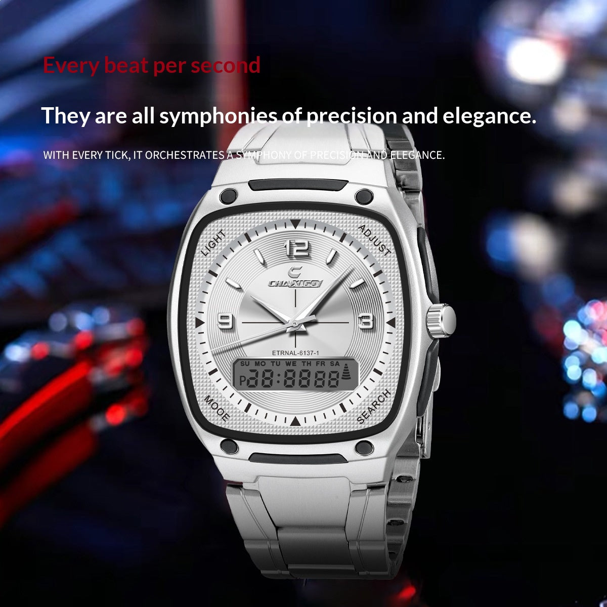 Men's alloy quartz watch with a steel bracelet, round dial and classic design