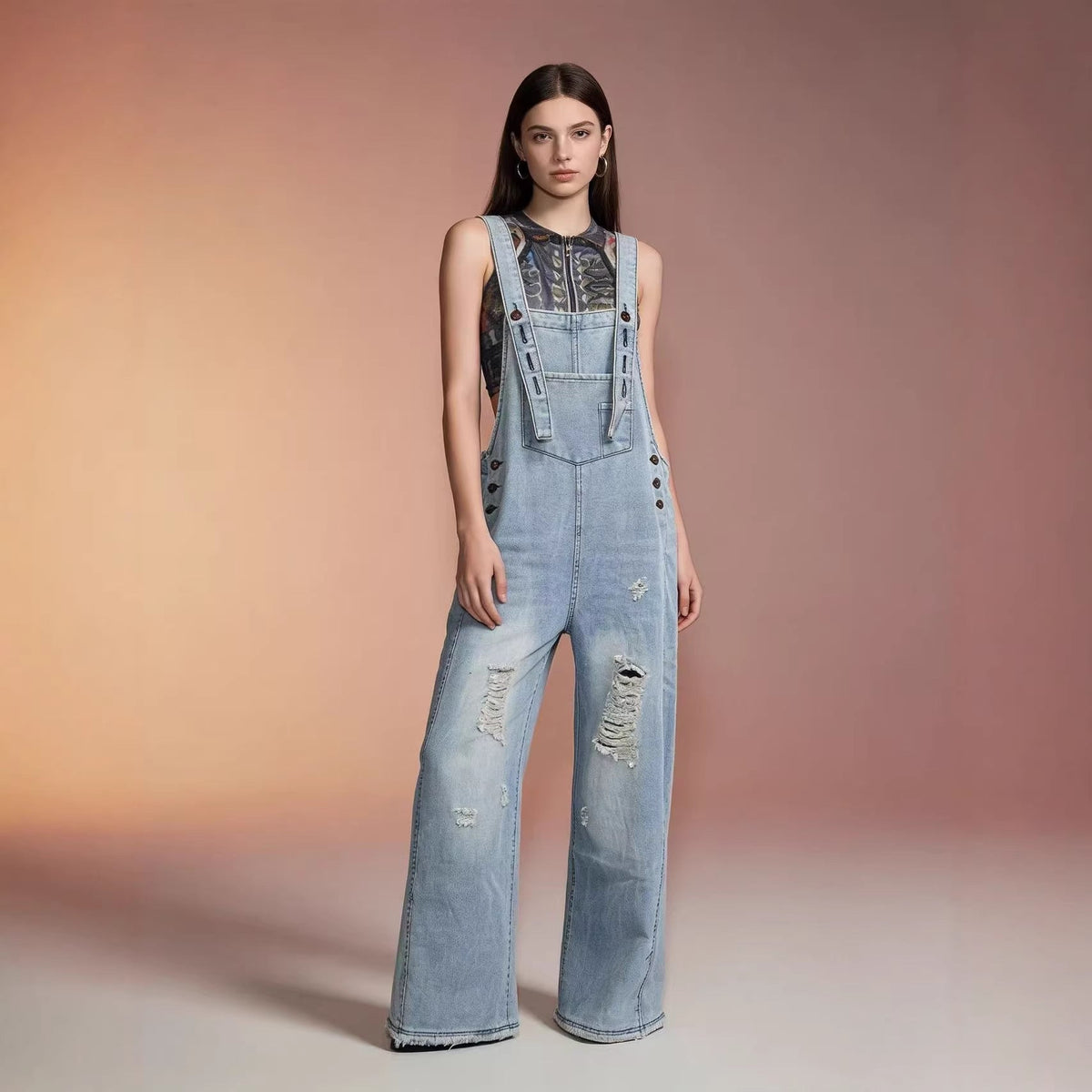 Women's retro loose-fit wide-leg denim overalls by My Store