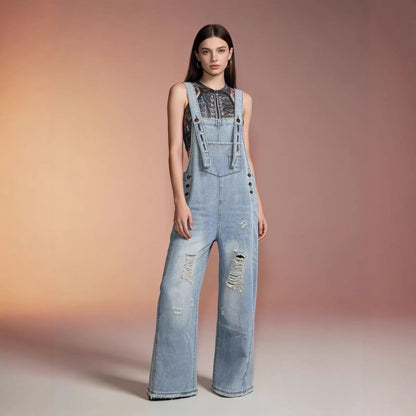 Women's retro loose-fit wide-leg denim overalls by My Store