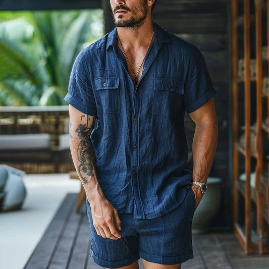 Relaxed-fit Linen Outdoor Casual Beach Multi-pocket Lapel Workwear Short-sleeve Shirt And Shorts Set