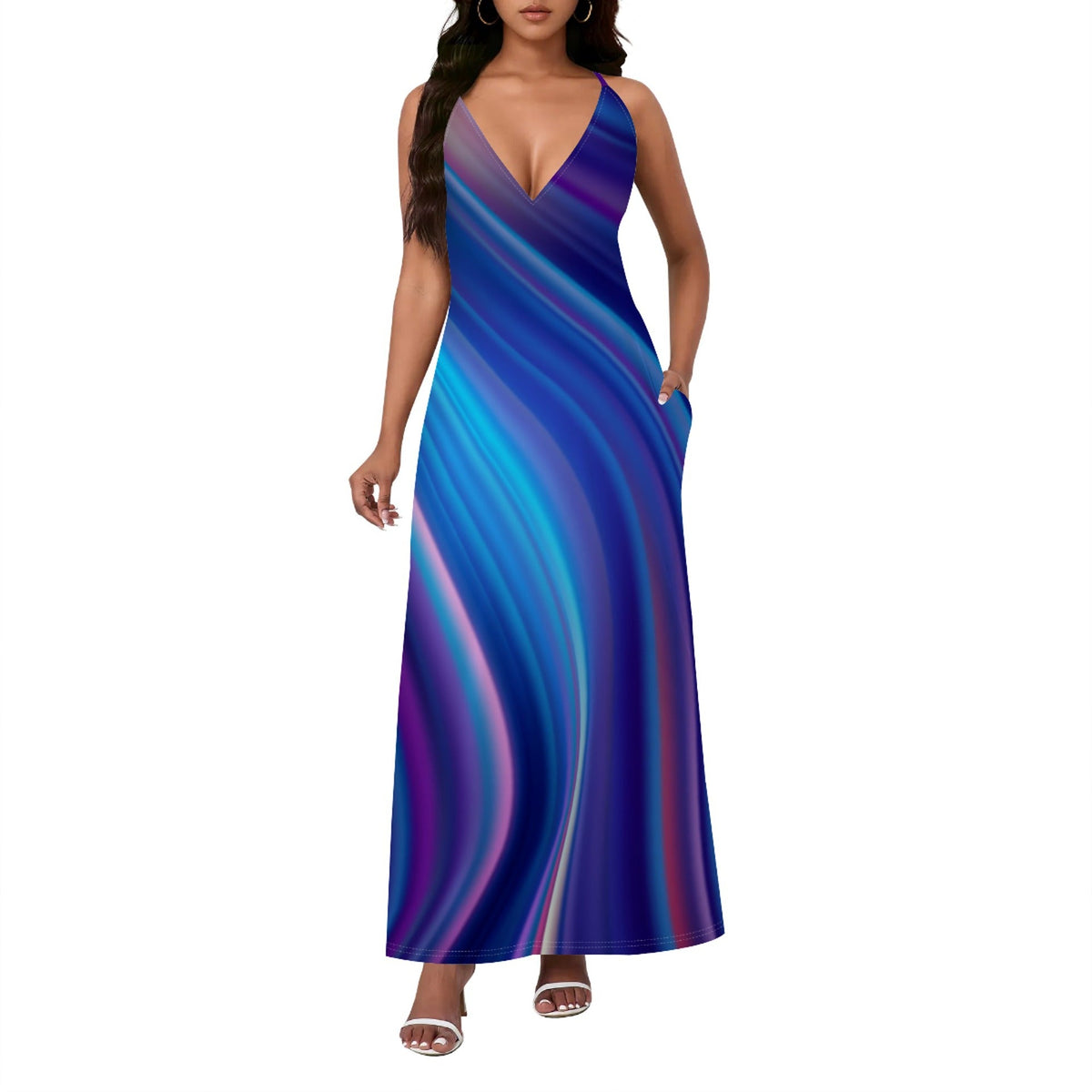 Bold colorful patterned loose-fitting backless slip dress for women