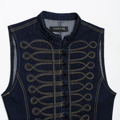 Denim vest with knot-detail topstitching by My Store, featuring a structured sleeveless design