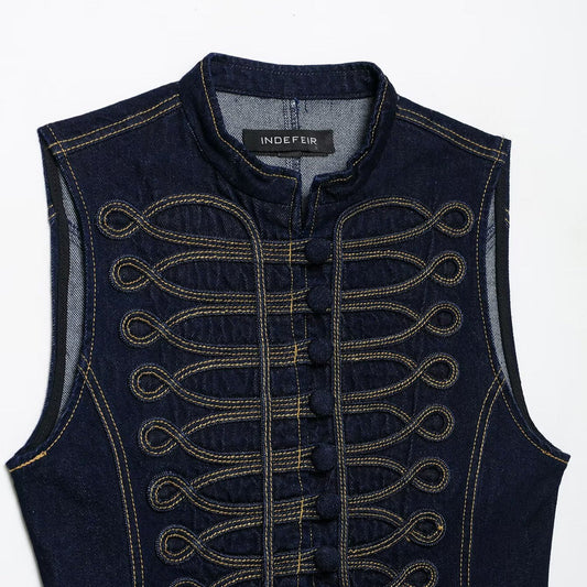 Denim vest with knot-detail topstitching by My Store, featuring a structured sleeveless design