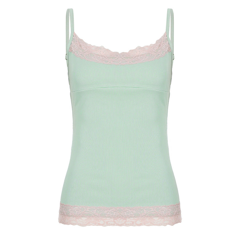 Women's Y2K lace-trim color-block slim-fit tank top in a versatile summer style