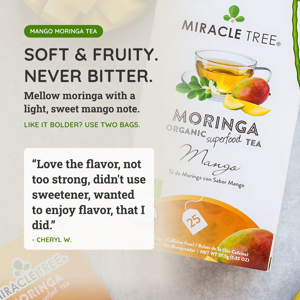 Organic Moringa Mango Herbal Tea by Miracle Tree, caffeine-free herbal tea in a clear glass cup with tea leaves and mango slices.