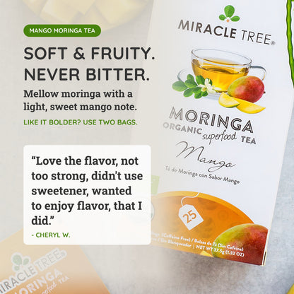 Organic Moringa Mango Herbal Tea by Miracle Tree, caffeine-free herbal tea in a clear glass cup with tea leaves and mango slices.