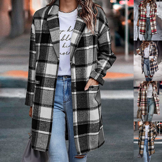 Women's plaid long woolen coat with pockets, turndown collar, and autumn-winter styling by My Store