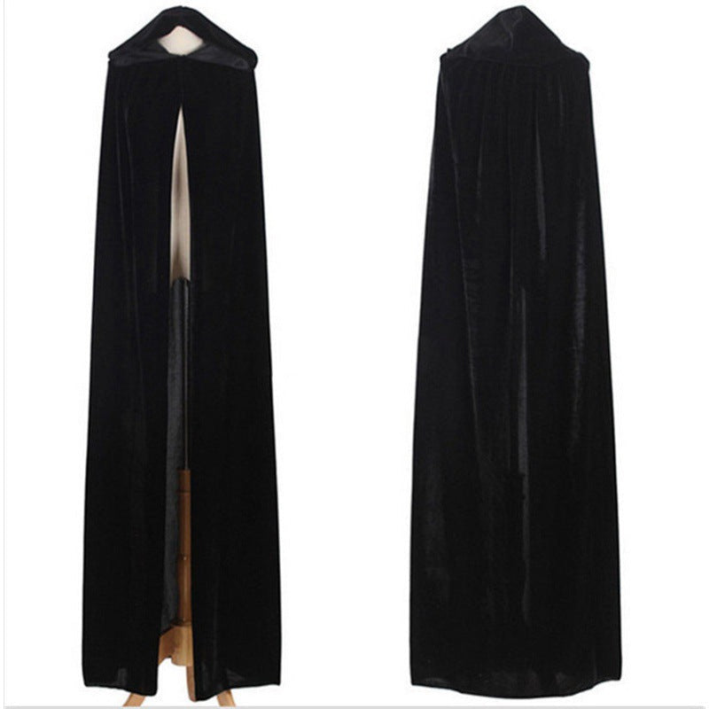 Black velvet Halloween cape cloak with a thin, flowing design and hood, shown against a plain background