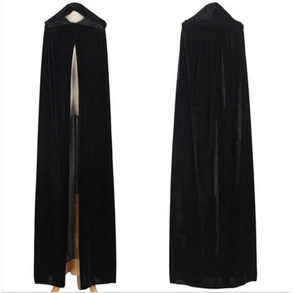 Black velvet Halloween cape cloak with a thin, flowing design and hood, shown against a plain background