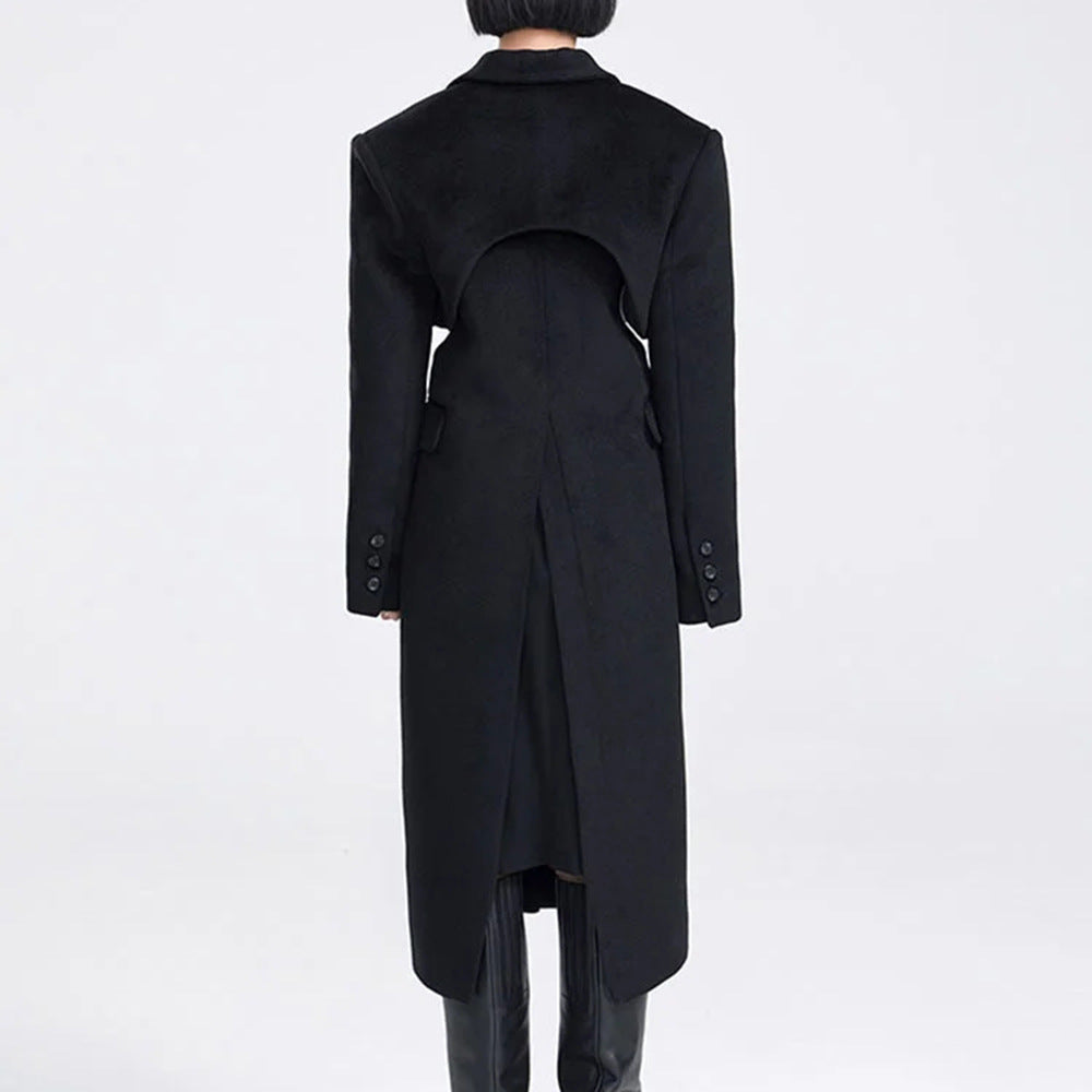 Fake two-piece hollow-out long wool coat in a layered design; front view of textured outerwear
