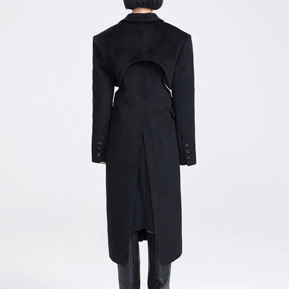 Fake two-piece hollow-out long wool coat in a layered design; front view of textured outerwear