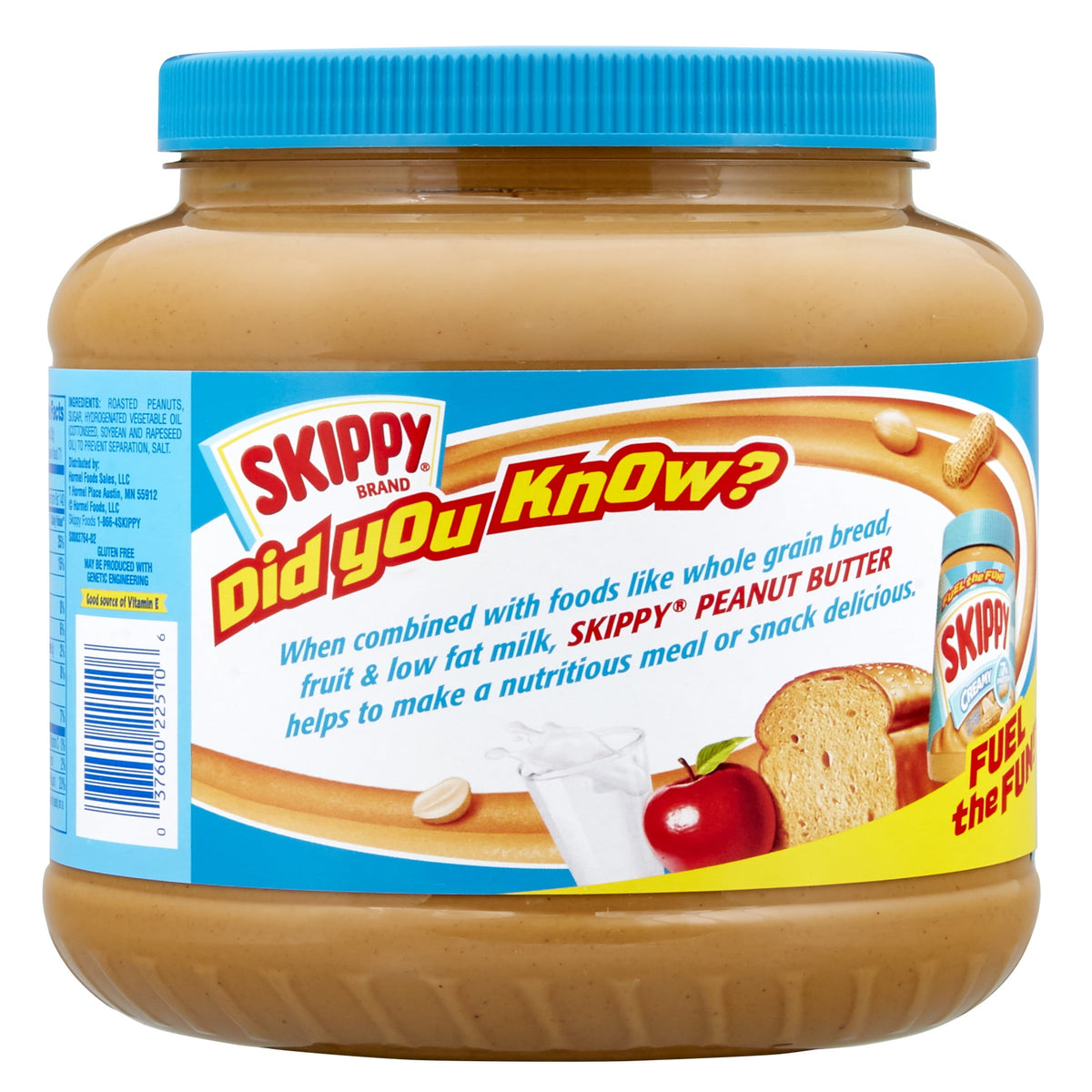 Creamy SKIPPY peanut butter in an 80 oz jar showing the smooth, spreadable peanut butter with a peanut and spoon on the side.