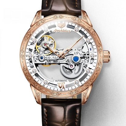 Openwork mechanical watch with waterproof leather strap for men, detailed skeleton dial and visible movement