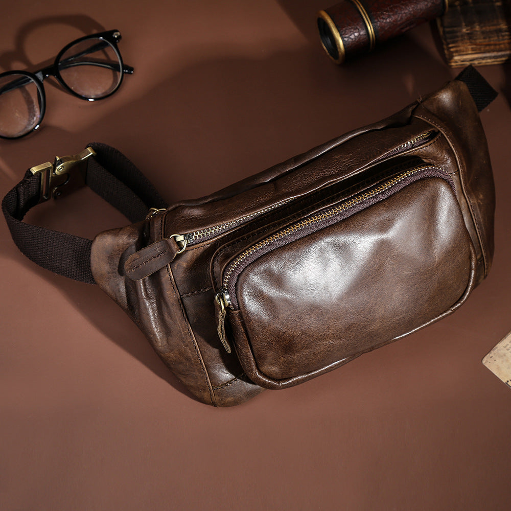 Simple Retro first-layer cowhide men's chest bag in a minimalist design