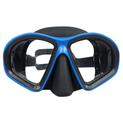 Diving mask swimming goggles with clear lens and adjustable strap, front view