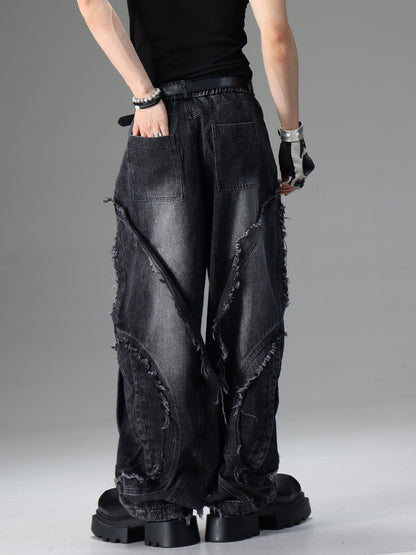 American-style vintage deconstructed distressed jeans with rugged denim finish and worn detailing