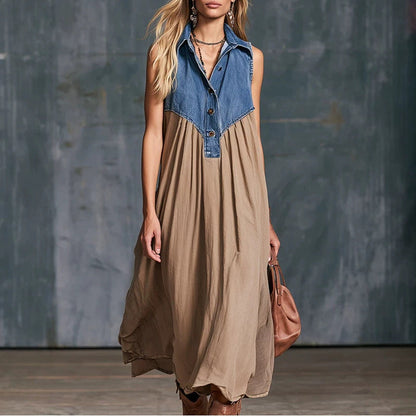 Women's blue denim patchwork dress featuring a fashionable mixed-panel design