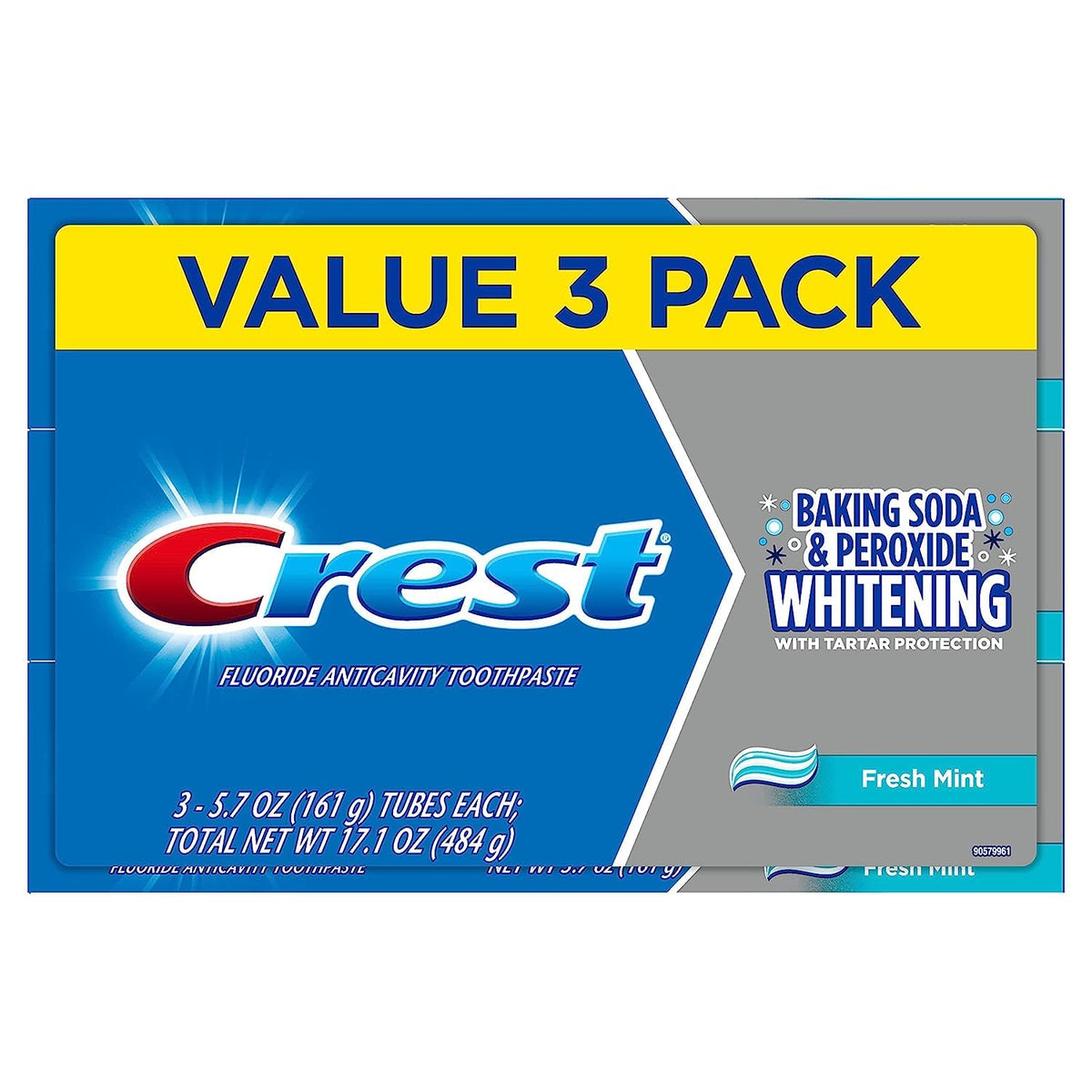 Crest Baking Soda Whitening Toothpaste 3-pack in blue and white tubes, featuring the BACKUPMYFILESNOW® branding.