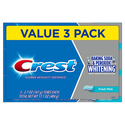 Crest Baking Soda Whitening Toothpaste 3-pack in blue and white tubes, featuring the BACKUPMYFILESNOW® branding.