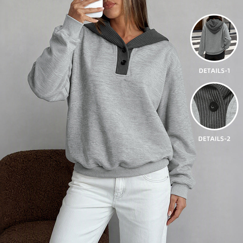 Women's relaxed-fit loose-fitting patchwork color-block hooded sweatshirt, front view