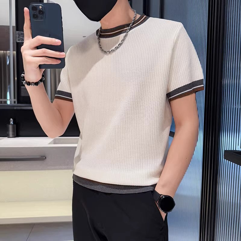 Men's ice-silk color-block knit top with contrasting panels and short sleeves